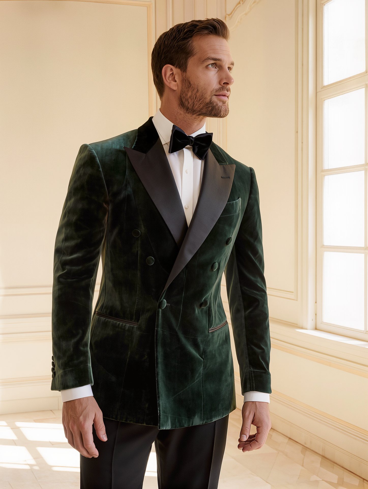 Emerald velvet tuxedo jacket on a Vegas night